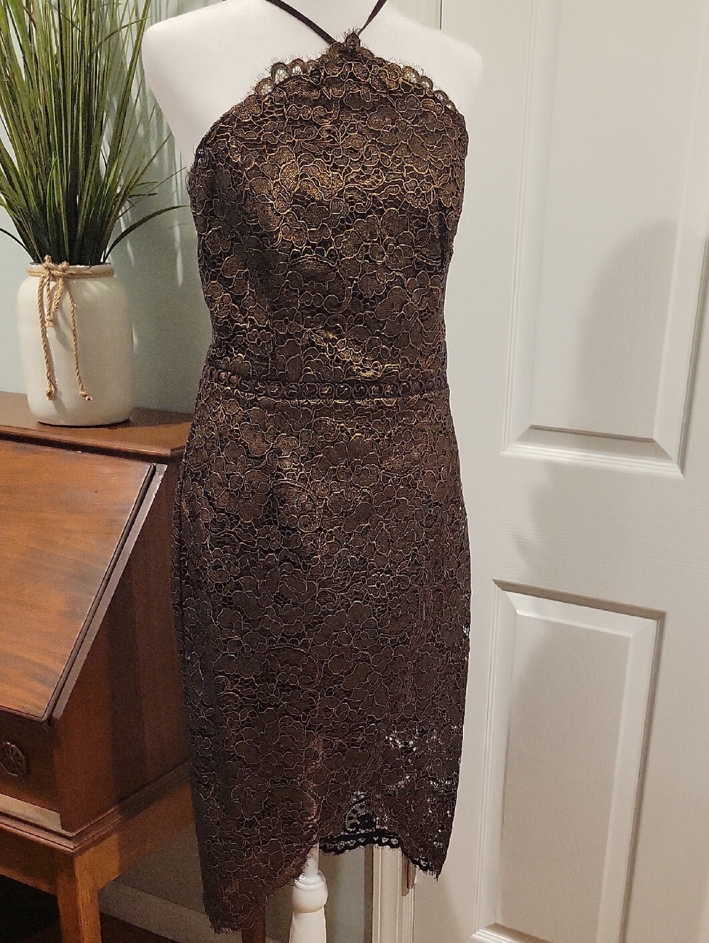 Adrianna Papell Lace Halter Midi Dress - Brown